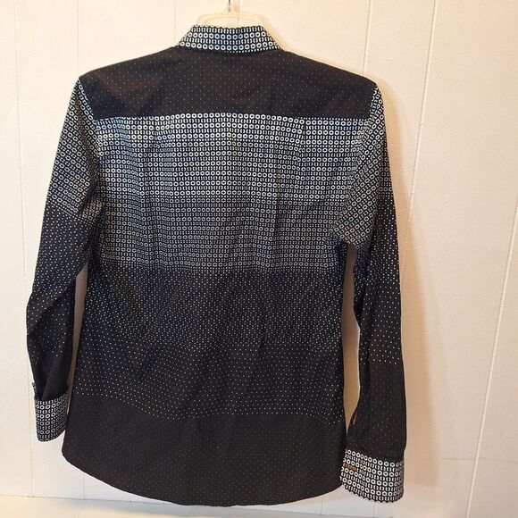 Porto Blanco Black Pattern Button‎ Flip Cuff  Algondon Cotton Shirt Men's Large - Picture 2 of 13